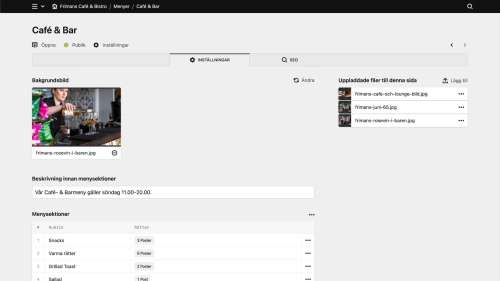 Skärmavbild från hur gränssnittet ser ut som inloggad inne på en webbplats byggd i Kirby
